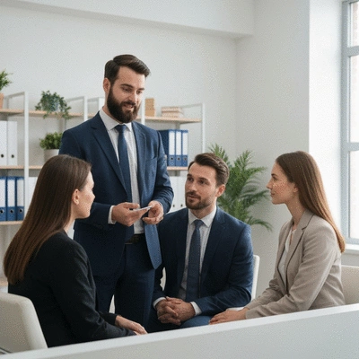 Financial advisor explaining universal life insurance benefits to a couple, in a modern office setting