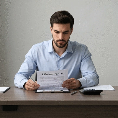 Person reviewing insurance documents with a pen and calculator, focused and thoughtful