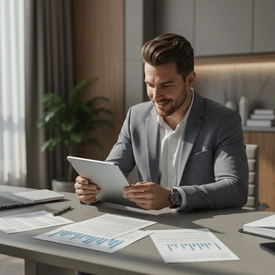 Business owner reviewing life insurance policy on a tablet with financial documents