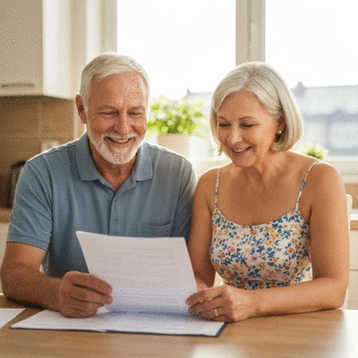 Elderly couple reviewing life insurance documents at home, focus on peace of mind