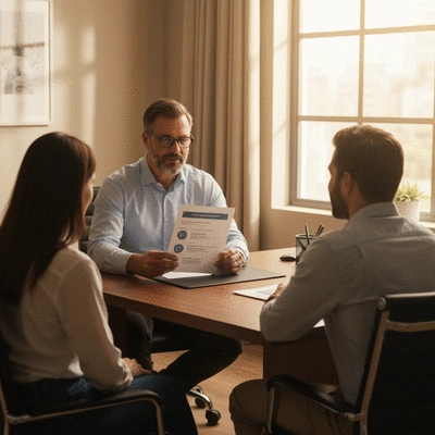 Professional financial advisor explaining life insurance options to a couple