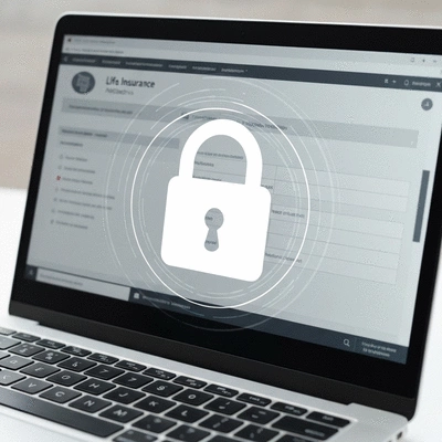 Secure online transaction, digital lock icon over a laptop with a life insurance application, clean image.