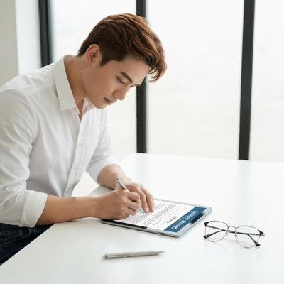 Person filling out a simplified insurance application form on a tablet, with a pen and glasses nearby. Clean, modern aesthetic.