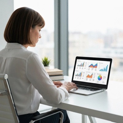 Person using a laptop to compare different insurance policies online, with graphs and numbers on screen.