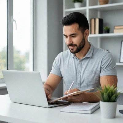 Person using a laptop and notebook to research and make an informed decision about variable life insurance