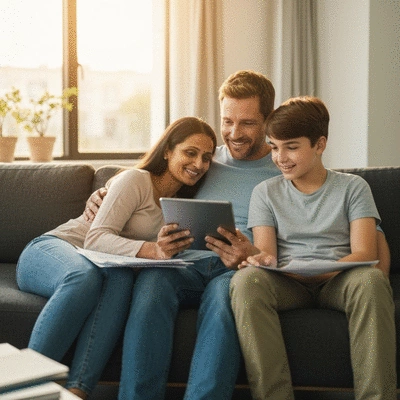 Family sitting together looking at documents, representing financial security and planning
