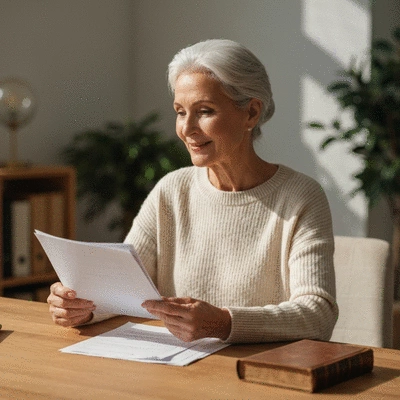 Senior woman using a laptop to compare life insurance policies, smiling
