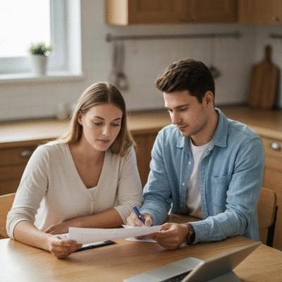Couple reviewing life insurance documents at home