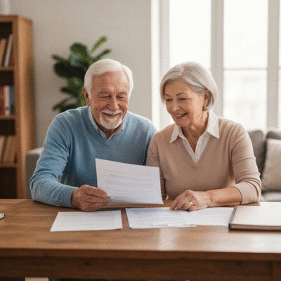 Elderly couple looking thoughtfully at documents, symbolizing financial planning and peace of mind