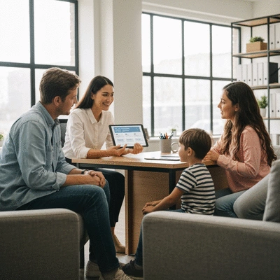 Family discussing life insurance options with an agent in a modern office