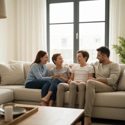 Family sitting together, looking happy and secure