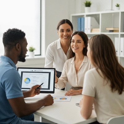A financial advisor explaining life insurance options to a couple, showing a diverse and inclusive scene.