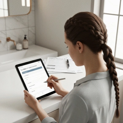 Person filling out a digital health questionnaire on a tablet with insurance forms in the background