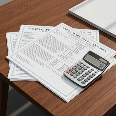 Detailed illustration of universal life insurance policy documents and a calculator on a desk