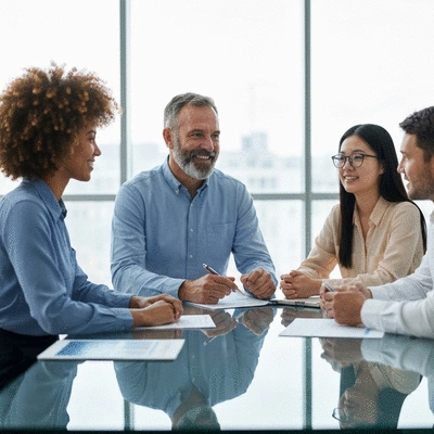 Diverse group of people discussing life insurance plans around a table, illustrating customer engagement