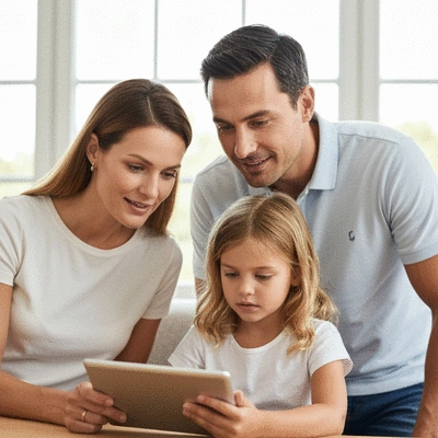 Family, parents and child, looking at a tablet together, discussing financial plans, bright and clean image