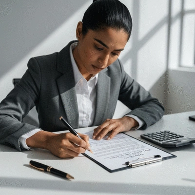Person reviewing a whole life insurance policy document with a pen and calculator