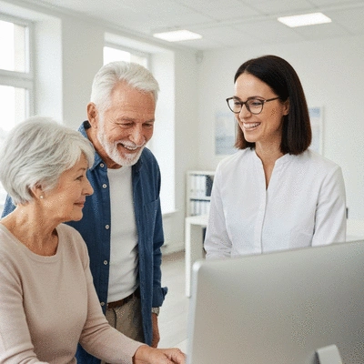 Senior adult couple discussing finances with an insurance agent, showing trust