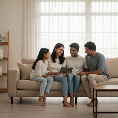 Happy family looking at a tablet, discussing finances, concept of financial planning and security.