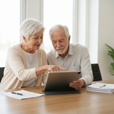 Elderly couple reviewing life insurance documents on a tablet