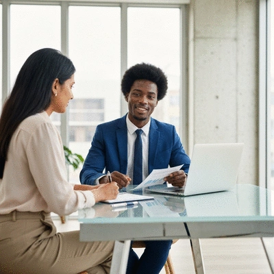 Insurance broker meeting with a client, showing documents on a table