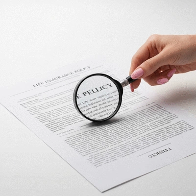 Hand holding a magnifying glass over a life insurance policy document