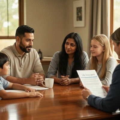 Diverse family discussing financial planning with a life insurance document on a table, no text, no words, no typography, clean image