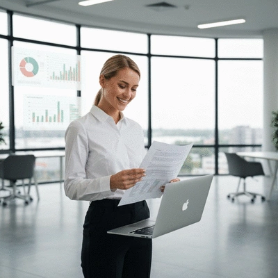 Person reviewing financial documents on a laptop with charts and graphs in the background