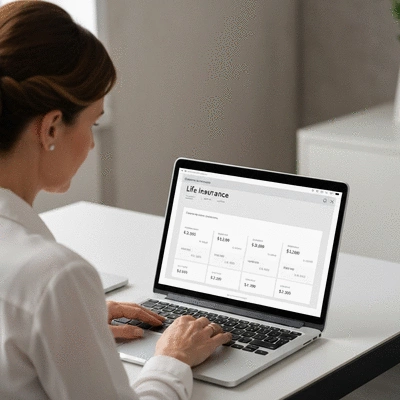 Person using a laptop to compare life insurance quotes online, showing different policy options and prices on the screen.