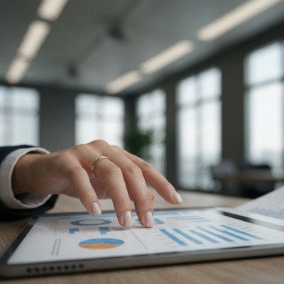 Person reviewing financial documents and charts on a tablet, representing financial strength ratings.