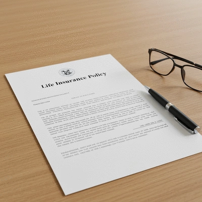 Close-up of a life insurance policy document with a pen and glasses, clean image