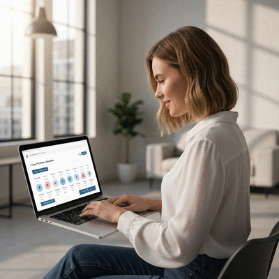 Person using a laptop to compare life insurance quotes online, with a clean and modern interface