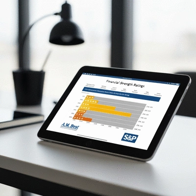 Financial strength ratings chart with A.M. Best and S&P logos on a digital tablet. No text, no words, no typography, no labels, clean image.