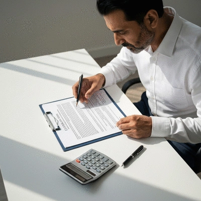 Person reviewing life insurance policy document with a calculator and pen