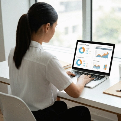 Person using a laptop to compare different insurance policies, with charts and graphs on screen