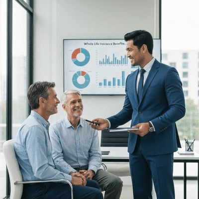 Financial advisor explaining whole life insurance benefits to a couple