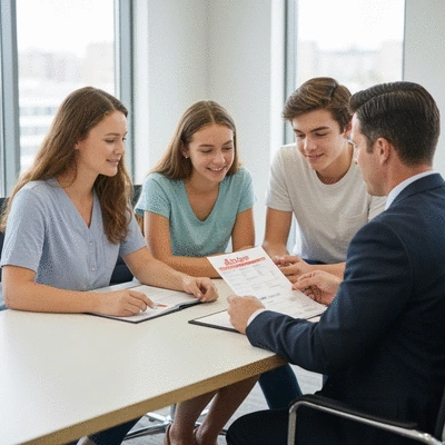 Family discussing life insurance options with a State Farm agent in a modern office. No text, no words, no typography, no labels, clean image.