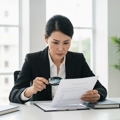 Person reviewing life insurance policy document with a magnifying glass