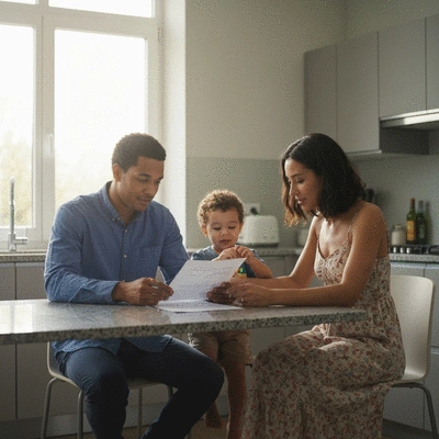 Family reviewing life insurance documents at home