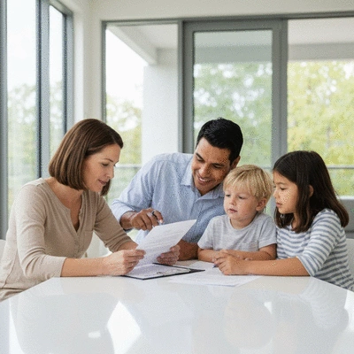 Family reviewing life insurance documents at home