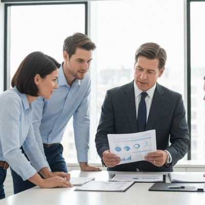 Professional financial advisor explaining documents to a couple, representing guidance and clarity