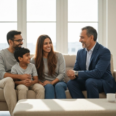 Family discussing life insurance with an agent in a modern home
