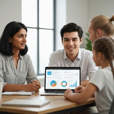 Family discussing financial plans with an insurance agent at a table