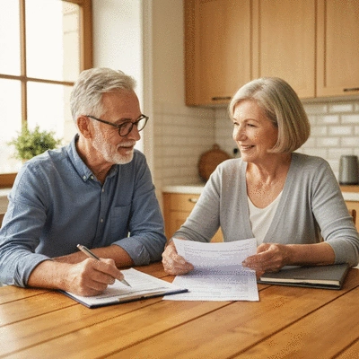 A senior couple sitting at a kitchen table, looking at documents and discussing insurance options, representing accessibility for high-risk applicants. Natural lighting, warm tones.