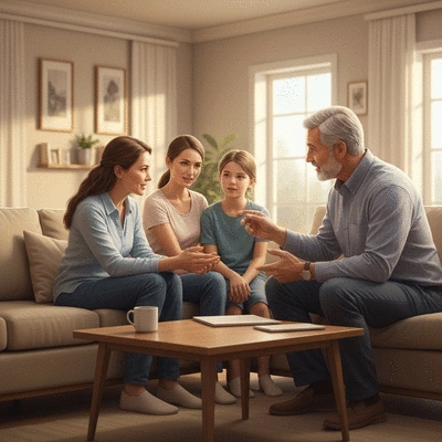 Detailed illustration of a family discussing life insurance options with a financial advisor, no text, no words, no typography, clean image