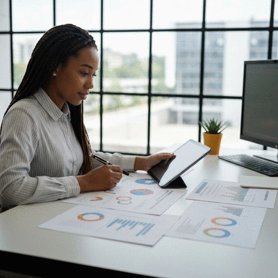 Person analyzing investment charts and documents on a tablet, representing variable life insurance investment choices