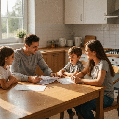 Family reviewing insurance documents at home