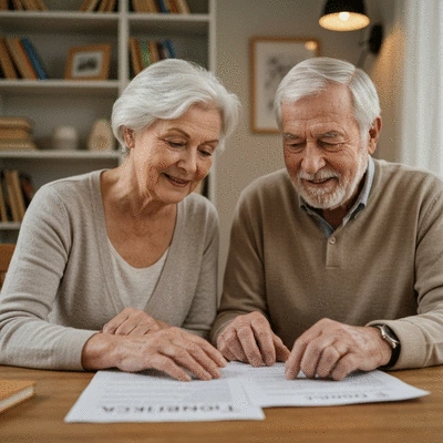 Elderly couple reviewing insurance documents at home, focus on documents