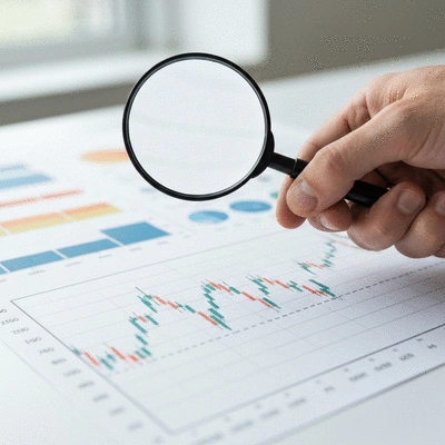 Hand holding a magnifying glass over a financial chart, illustrating detailed analysis of investment growth
