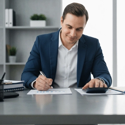 Person reviewing financial documents with a calculator and pen, representing financial planning.